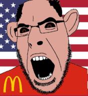 american_flag amerimutt brown_eyes brown_skin clothes country ear flag glasses mcdonalds open_mouth soyjak stubble united_states variant:cobson // 578x632 // 325.7KB