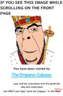 clothes crown emperor gem glasses hat king looking_down meme qa_(4chan) robe scepter smile soyjak text variant:cobson white_skin // 820x1260 // 198.5KB