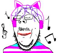 acne cat_ear closed_eyes clothes flag glasses hair headphones music musical_note mustache purple_hair smile soyjak stubble subvariant:wholesome_soyjak tranny variant:gapejak // 1002x908 // 44.4KB