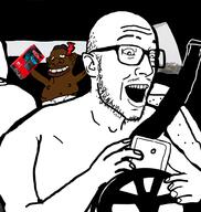 arm baby car cuck driving glasses hand holding_object mustache negro nintendo nintendo_switch open_mouth phone seatbelt soyjak stubble tyrone variant:esam video_game // 920x971 // 235.7KB