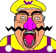 cleft_chin clothes glasses hat large_nose mario mustache nintendo open_mouth overalls purple_skin soyjak thick_eyebrows variant:bernd video_game wario white_skin // 1200x1125 // 236.4KB