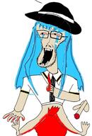 angry anime arm blood bloodshot_eyes blue_hair clothes crying full_body glasses hair hand hat hinanawi_tenshi knife leg open_mouth penis soyjak stubble touhou tranny variant:unknown video_game white_skin // 369x547 // 105.8KB