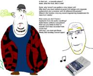 2soyjaks angry audiophile beanie biting_lip blond blood blue_eyes cassette closed_mouth clothes ear fat full_body fume glasses smile soyjak stinky stubble subvariant:hornyson subvariant:nucob text variant:cobson vinyl yellow_eyes // 1536x1258 // 405.9KB