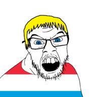 blue_eyes clothes country flag glasses hair luxembourg open_mouth soyjak stubble variant:feraljak yellow_hair // 1500x1500 // 30.0KB