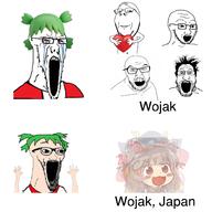 4chan angry anime arm bloodshot_eyes clothes crying glasses green_hair gyate_gyate hair hand hands_up heart holding_object multiple_soyjaks open_mouth place_japan smile soyjak stubble subvariant:wholesome_soyjak text thing_japanese touhou variant:classic_soyjak variant:gapejak variant:markiplier_soyjak variant:wewjak video_game white_skin yotsoyba // 1500x1500 // 792.1KB