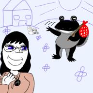 2soyjaks blue_eyes bug closed_mouth clothes drawn_background female frog full_body glasses hair hand hat holding_object house long_hair necklace open_mouth smile soyjak stubble variant:soytan variant:unknown waving // 800x800 // 147.5KB