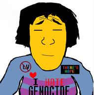 closed_eyes closed_mouth clothes frisk hair heart i_hate smile soyjak subvariant:science_lover text undertale variant:markiplier_soyjak video_game yellow_skin // 621x626 // 22.6KB