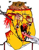 blood brain bug clothes dog fly glasses gore janny nail open_mouth poop scissors soyjak stubble suspenders tongue variant:soyak yellow_skin // 785x1000 // 320.8KB