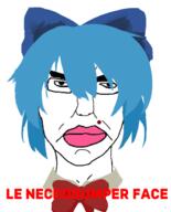 acne anime bant_(4chan) blue_hair bowtie cirno glasses hair hair_ribbon soyjak subvariant:chudjak_front text touhou variant:chudjak video_game // 500x618 // 91.6KB