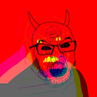 angry animated demon glasses green_eyes horn monster mustache open_mouth pentagram red_skin satanism shaking soyjak star stubble variant:feraljak yellow_teeth // 640x640 // 6.0MB