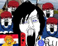 angry anti_ongezellig arm badge blue_eyes bowtie clothes discord glasses hair hand holding_object irl_background juice multiple_soyjaks mustache netherlands nintendo nintendo_switch open_mouth orange_hair orange_skin pointing pointing_at_viewer soyjak stubble studio_massa text variant:a24_slowburn_soyjak variant:feraljak variant:unknown video_game windmill // 1244x988 // 528.5KB