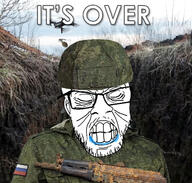ak-47 camouflage clenched_teeth closed_eyes drone ear flag glasses grenade gun helmet irl irl_background its_over russia saliva soldier soyjak stubble teeth text trench ukraine uniform variant:feraljak war weapon wrinkles // 1251x1192 // 301.5KB