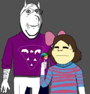 2soyjaks bow bowtie brown_hair child closed_mouth clothes frisk girl goat hair lollipop ominous smile soyjak subvariant:soylita subvariant:wholesome_soyjak sweater toriel undertale variant:gapejak video_game white_skin // 897x937 // 66.0KB