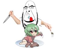 anime cannibalism fork glasses hand holding_knife holding_object kazami_yuuka knife soyjak stubble subvariant:hornyson tongue touhou variant:cobson video_game // 1474x1310 // 623.4KB