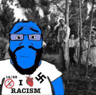 1488 arm beard blue_skin calm closed_mouth glasses hair happy_merchant heart i_love irl_background lynching nazism no_symbol nsfw racism smile soyjak swastika text variant:science_lover // 1179x1166 // 1.3MB