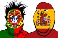 2soyjaks are_you_soying_what_im_soying country flag glasses hair looking_at_each_other portugal portuguese smirk soyjak spain stubble subvariant:wholesome_soyjak variant:gapejak variant:markiplier_soyjak // 1200x800 // 276.0KB