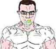 arm baby binky blue_eyes buff closed_mouth clothes glasses hair low_resolution soyjak subvariant:chudjak_front subvariant:muscular_chud tshirt variant:chudjak vein // 128x112 // 38.5MB