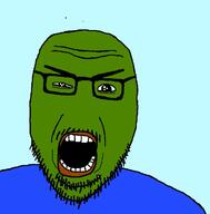 angry blue_shirt clothes frog gem glasses green_skin lips mustache oh_my_god_she_is_so_attractive open_mouth pepe soyjak stubble variant:tdgjak // 708x720 // 62.7KB
