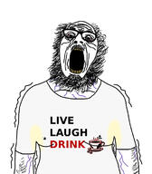 arm beard bloodshot_eyes clothes coffee cup eyelids hair mustache open_mouth shaking soyjak sweating text tired tshirt variant:ignatius vein wrinkles yellow_teeth // 656x748 // 159.4KB