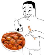 arm closed_mouth fork frying_pan glasses hair hand holding_object meatballs merge smile soyjak variant:chudjak variant:unknown // 1465x1825 // 1.1MB