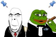 beer clothes frog glass glasses green_skin hand holding_object necktie pepe smile smoking soyjak sticky stubble suit tuxedo variant:cobson // 597x397 // 156.2KB