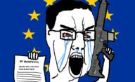 angry arm bloodshot_eyes crying europe european_union flag glasses gun hand holding_object manifesto paper soyjak text variant:chudjak // 680x414 // 99.8KB