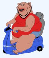 amerimutt animated arm belly black_sclera blue_pants breasts brown_skin clothes driving ear fat foot full_body hand leg lips mcdonalds mobility_scooter mutt open_mouth red_shirt sleeveless_shirt soyjak stubble subvariant:impish_amerimutt variant:impish_soyak_ears walmart wheel // 735x853 // 172.8KB