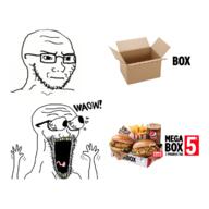 arm box eyes_popping food frown glasses hand hands_up kfc open_mouth soyjak stubble text tongue variant:classic_soyjak variant:waow waow yellow_teeth // 1200x1200 // 566.5KB