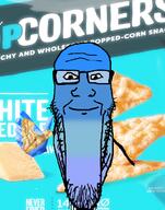 blue_skin calm chips closed_mouth food glasses hand popcorners smile soyjak stretched_chin stubble variant:markiplier_soyjak // 785x1000 // 721.6KB