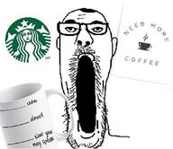 coffee cup ear glasses hair open_mouth soyjak starbucks stubble text variant:james_youniverse // 1080x934 // 294.8KB