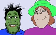 2soyjaks are_you_soying_what_im_soying closed_mouth clothes female femjak frog froge glasses green_skin grin hair hat pepe smile stubble variant:gapejak variant:markiplier_soyjak // 2303x1440 // 89.9KB