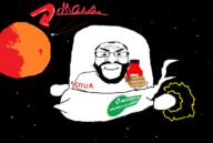 access_ok balding beard bottle closed_mouth clothes drawn_background glasses hair hand holding_object mars planet smile soy soyjak soylent space subvariant:science_lover text the_jetsons tshirt variant:markiplier_soyjak // 732x490 // 82.1KB