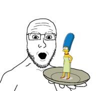 arm bald blue_hair closed_mouth clothes dress ear earless forehead_lines forehead_wrinkles glasses hand holding_object marge_moment marge_simpson necklace open_mouth plate shirtless shoe soyjak stubble variant:platejak white_background yellow_skin // 487x462 // 54.2KB