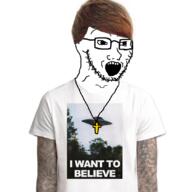 arm christianity clothes cross glasses hair irl necklace open_mouth soyjak stubble tattoo tshirt ufo variant:classic_soyjak // 827x839 // 375.5KB