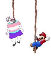ack arm bloodshot_eyes clothes crying full_body glasses hand hanging leg lipstick mario nintendo oe_cake open_mouth purple_hair rope shoe skirt soyjak stubble suicide tongue tranny variant:bernd video_game yellow_teeth // 766x874 // 270.3KB