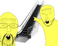 2soyjaks arm asian escalator glasses hand mustache open_mouth pointing small_eyes soyjak stairs stubble variant:two_pointing_soyjaks yellow_skin // 4096x3239 // 1.4MB