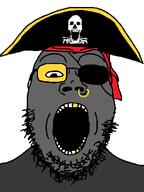 clothes eyepatch glasses open_mouth pirate pirate_hat skyrim soot_colors stubble subvariant:gapejak_front variant:gapejak variant:markiplier_soyjak yellow_teeth // 530x707 // 17.0KB