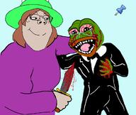 animal_abuse blood bloodshot_eyes brown_hair buff closed_mouth clothes crying female frog froge glasses green_skin hat knife murder open_mouth push_pin smile soyjak stab sticky subvariant:gapejak_female tuxedo variant:gapejak white_skin // 744x629 // 63.4KB