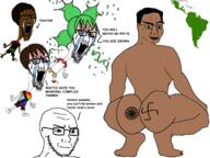 4chan 5soyjaks anime arm ass black black_skin black_sun bloodshot_eyes broly_culo brown_hair brown_skin closed_mouth clothes concerned confetti crying flag full_body gay glasses green_hair hair hand latino leg lgbt map nazism open_mouth pan_african racism smile south_america soyjak stubble swastika tattoo text tranny tshirt variant:chudjak variant:classic_soyjak yotsoyba // 1600x1200 // 532.3KB
