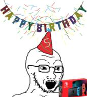 birthday clothes glasses hat nintendo nintendo_switch open_mouth part_hat party soyjak stubble text variant:soyak video_game // 1200x1350 // 316.2KB