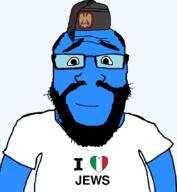 arm balding beard benito_mussolini blue blue_skin calm closed_mouth clothes fascism flag glasses hair hat heart i_love italy judaism smile soyjak text tshirt variant:science_lover // 800x866 // 2.6MB