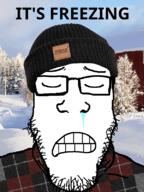 animated beanie clenched_teeth closed_eyes clothes cold irl_background its_over mucus snow soyjak sweater teeth text variant:markiplier_soyjak winter // 600x800 // 2.2MB