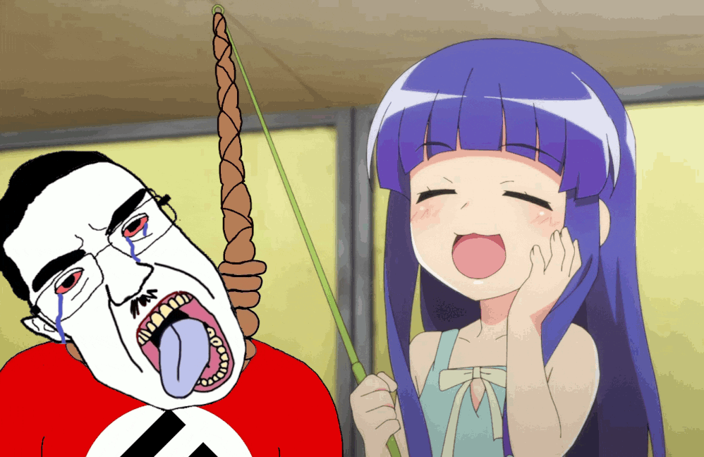 animated anime chud clothes female furude_rika glasses hanging higurashi nazism open_mouth rope smile soyjak spinning subvariant:chudjak_front suicide swastika tongue variant:chudjak // 998x648 // 752.4KB