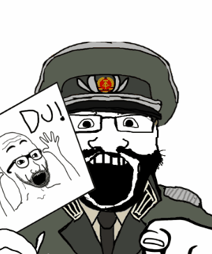 2soyjaks animated arm beard cap clothes communism east_germany german_text germany glasses hand hands_up hat holding_object military necktie open_mouth pointing pointing_at_viewer ponpon poyopoyo soyjak stubble subvariant:science_lover text uniform variant:markiplier_soyjak // 304x365 // 513.6KB