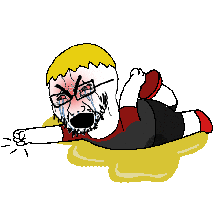 angry animated bloodshot_eyes clothes crying fist full_body glasses hair nate open_mouth piss soyjak stubble tantrum urine variant:soyak yellow_hair // 700x700 // 128.1KB