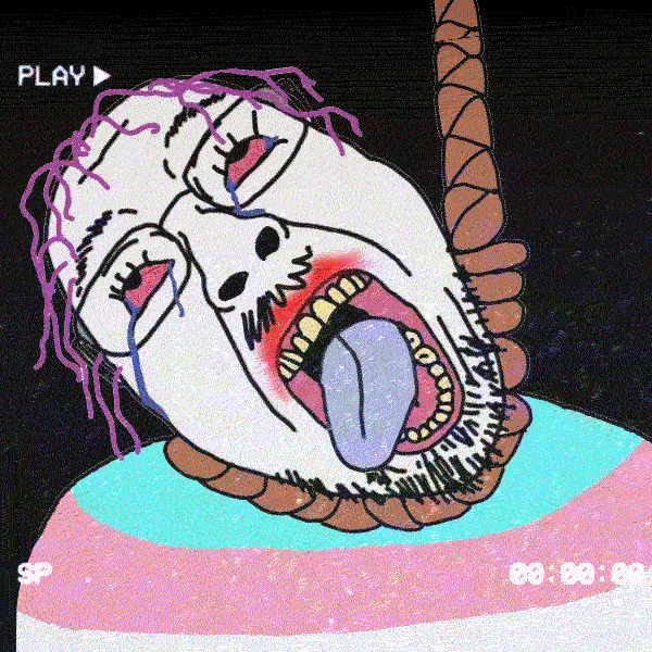 animated crying flag glasses hair hanging moshed mustache open_mouth play purple_hair red_eyes rope soyjak stubble suicide text tongue tranny variant:bernd vhs yellow_teeth // 600x600 // 2.6MB