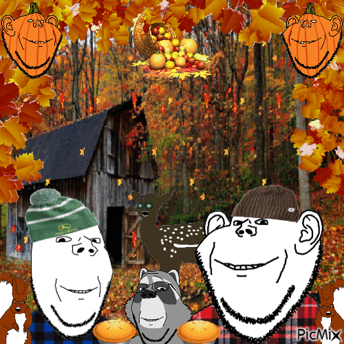 animal animated barn clothes ear fall food forest glasses hat irl_background leaf multiple_soyjaks no_eyebrows picmix pie pumpkin raccoon smile soyjak squirrel stubble subvariant:feralsquirrel subvariant:wholesome_soyjak tree variant:gapejak variant:impish_soyak_ears // 500x500 // 707.3KB