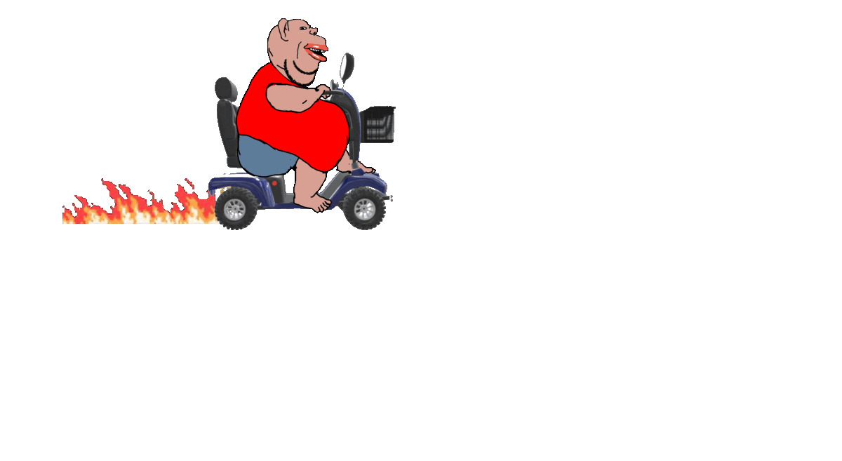 amerimutt animated arm belly blue_pants breasts brown_skin clothes driving ear fat fire foot full_body hand leg lips mcdonalds mobility_scooter mutt open_mouth red_shirt sleeveless_shirt soyjak stubble subvariant:impish_amerimutt subvariant:impish_front transparent_background variant:impish_soyak_ears walmart wheel // 1200x657 // 867.4KB