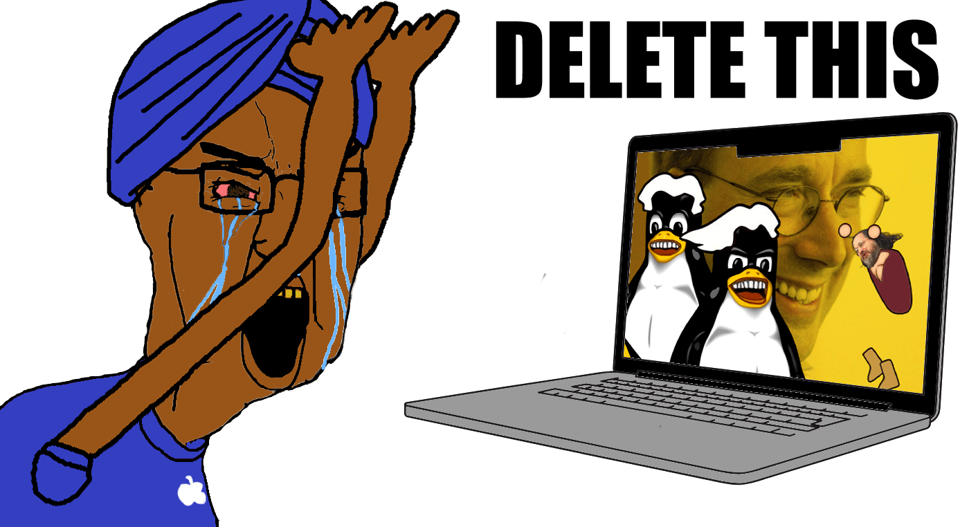animated apple_(company) arm bloodshot_eyes brown_skin clothes computer crying delete_this g_(4chan) glasses hand hat indian laptop laughing linux open_mouth penguin soyjak technology text turban tux variant:chudjak yellow_teeth // 1400x762 // 160.4KB