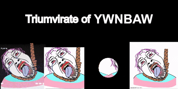 5soyjaks animated bloodshot_eyes byonbyon camera clothes crying flag glasses hair hanging mustache open_mouth planet poyopoyo purple_hair rope soyjak spinning stubble suicide text tongue tranny triumvirate variant:bernd yellow_teeth ywnbaw // 600x300 // 1.9MB